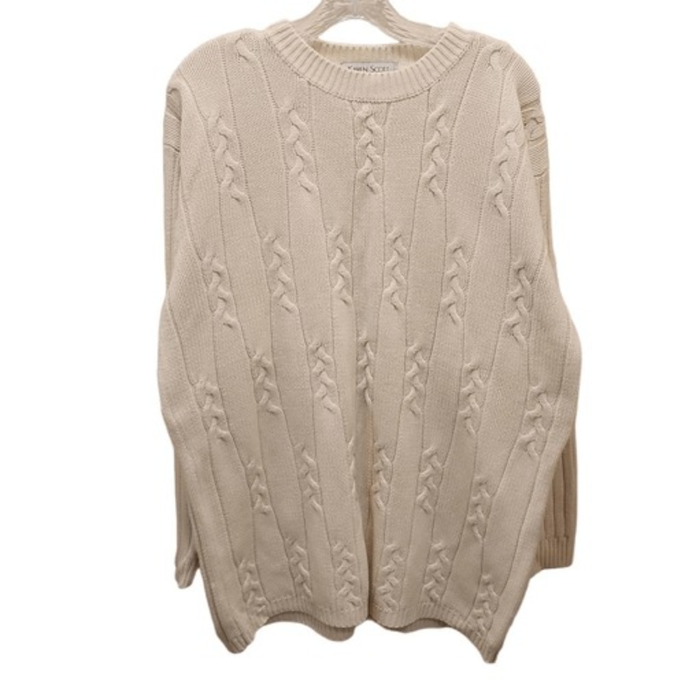Karen Scott Cream Cable Knit Crewneck Sweater Medium Vintage Ribbed Pullover